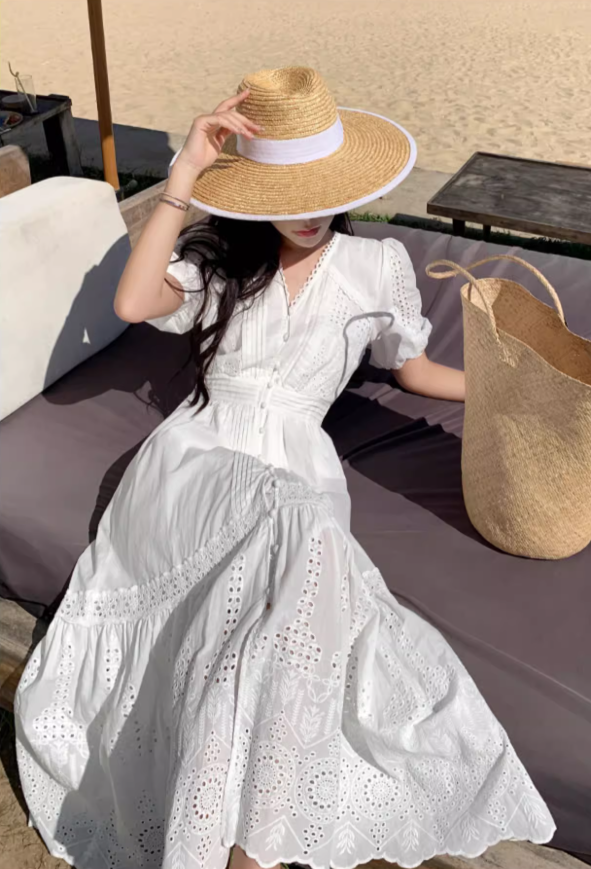 Elegant Hollow-Out Slit  A-Line Maxi Dress Classical Rural Photoshoots Puffy Short Sleeve Long Dress AP1331