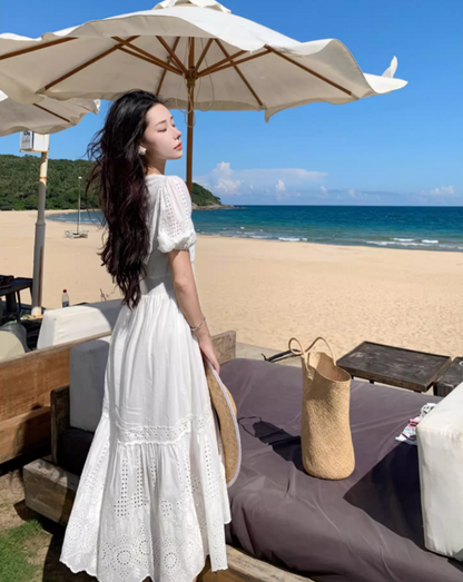 Elegant Hollow-Out Slit  A-Line Maxi Dress Classical Rural Photoshoots Puffy Short Sleeve Long Dress AP1331