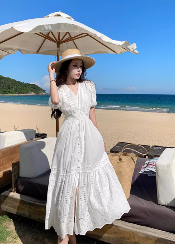 Elegant Hollow-Out Slit  A-Line Maxi Dress Classical Rural Photoshoots Puffy Short Sleeve Long Dress AP1331