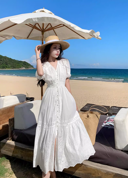 Elegant Hollow-Out Slit  A-Line Maxi Dress Classical Rural Photoshoots Puffy Short Sleeve Long Dress AP1331