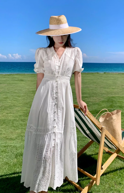 Elegant Hollow-Out Slit  A-Line Maxi Dress Classical Rural Photoshoots Puffy Short Sleeve Long Dress AP1331