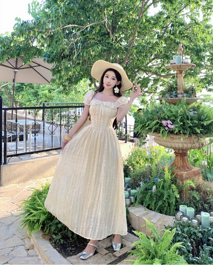 Ethereal Sheer Tulle Layered Lace Trimmed Maxi Dress Charming Summer Outfit Puffy Short Sleeve Long Dress AP1332