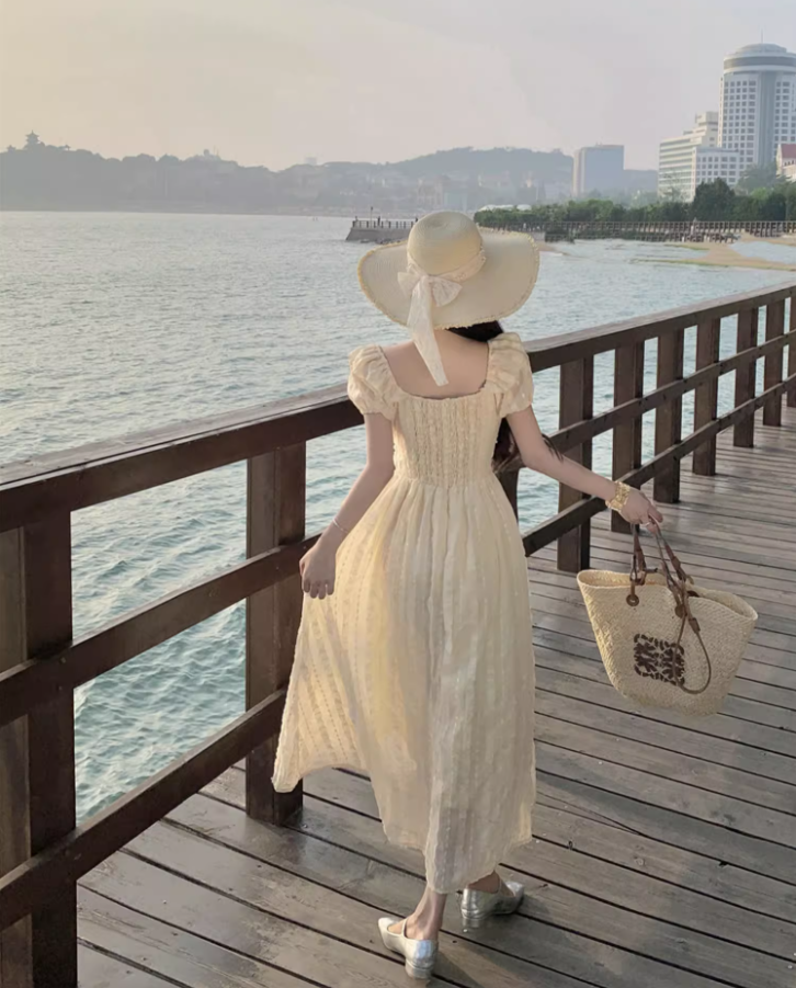 Ethereal Sheer Tulle Layered Lace Trimmed Maxi Dress Charming Summer Outfit Puffy Short Sleeve Long Dress AP1332