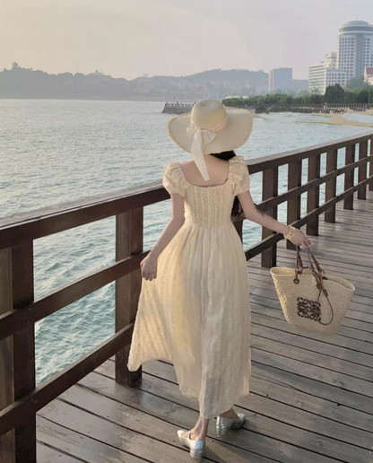 Ethereal Sheer Tulle Layered Lace Trimmed Maxi Dress Charming Summer Outfit Puffy Short Sleeve Long Dress AP1332