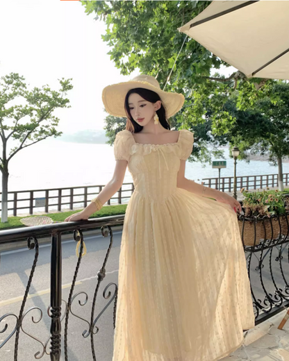 Ethereal Sheer Tulle Layered Lace Trimmed Maxi Dress Charming Summer Outfit Puffy Short Sleeve Long Dress AP1332