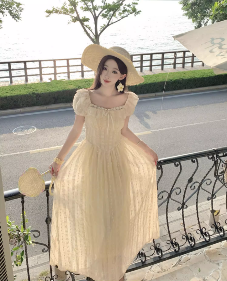 Ethereal Sheer Tulle Layered Lace Trimmed Maxi Dress Charming Summer Outfit Puffy Short Sleeve Long Dress AP1332