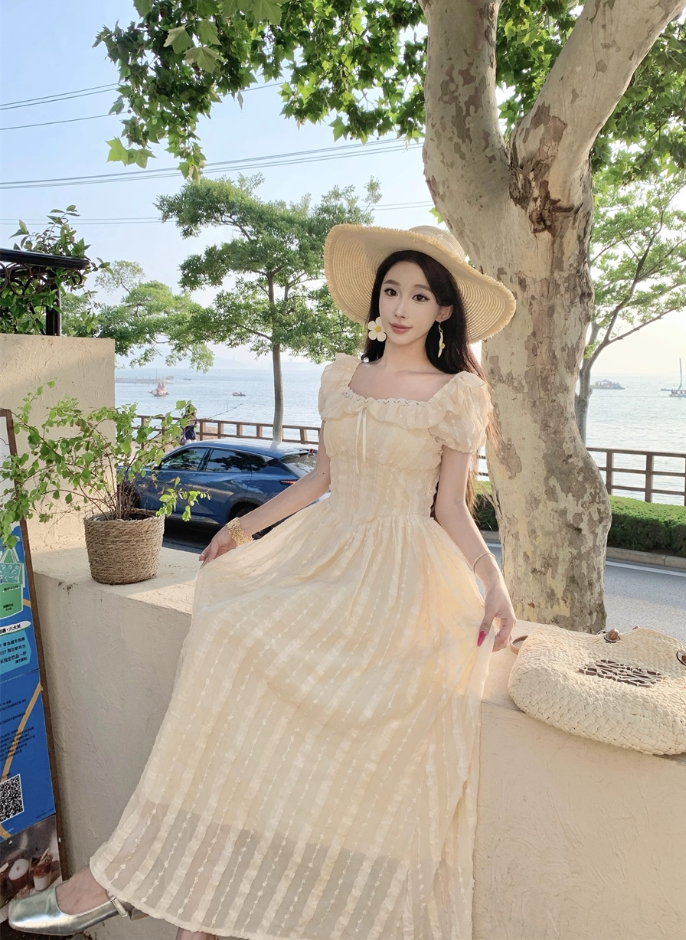 Ethereal Sheer Tulle Layered Lace Trimmed Maxi Dress Charming Summer Outfit Puffy Short Sleeve Long Dress AP1332