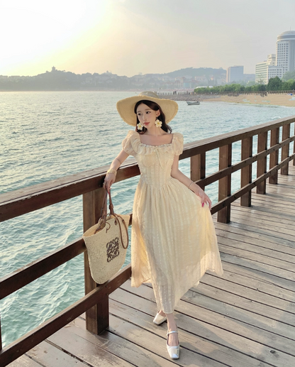 Ethereal Sheer Tulle Layered Lace Trimmed Maxi Dress Charming Summer Outfit Puffy Short Sleeve Long Dress AP1332