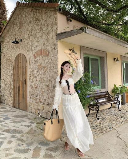 French Style Crop Top Two-Piece Set Maxi Dress Scenic Trips Long Puffy Sleeve Off-Shoulder Long Dress AP1333