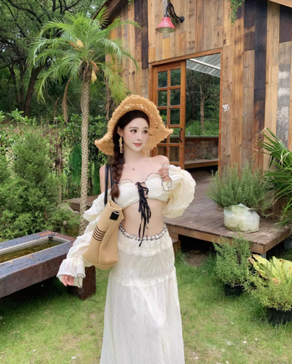 French Style Crop Top Two-Piece Set Maxi Dress Scenic Trips Long Puffy Sleeve Off-Shoulder Long Dress AP1333