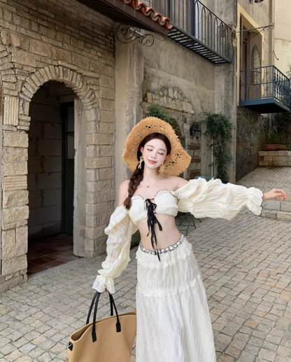 French Style Crop Top Two-Piece Set Maxi Dress Scenic Trips Long Puffy Sleeve Off-Shoulder Long Dress AP1333