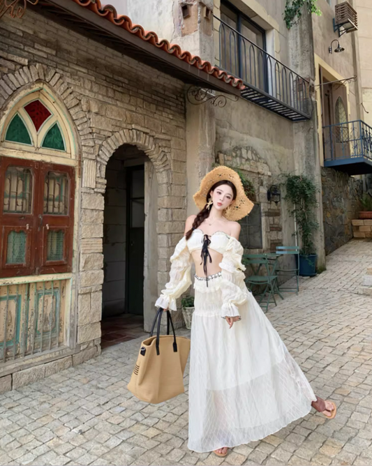 French Style Crop Top Two-Piece Set Maxi Dress Scenic Trips Long Puffy Sleeve Off-Shoulder Long Dress AP1333