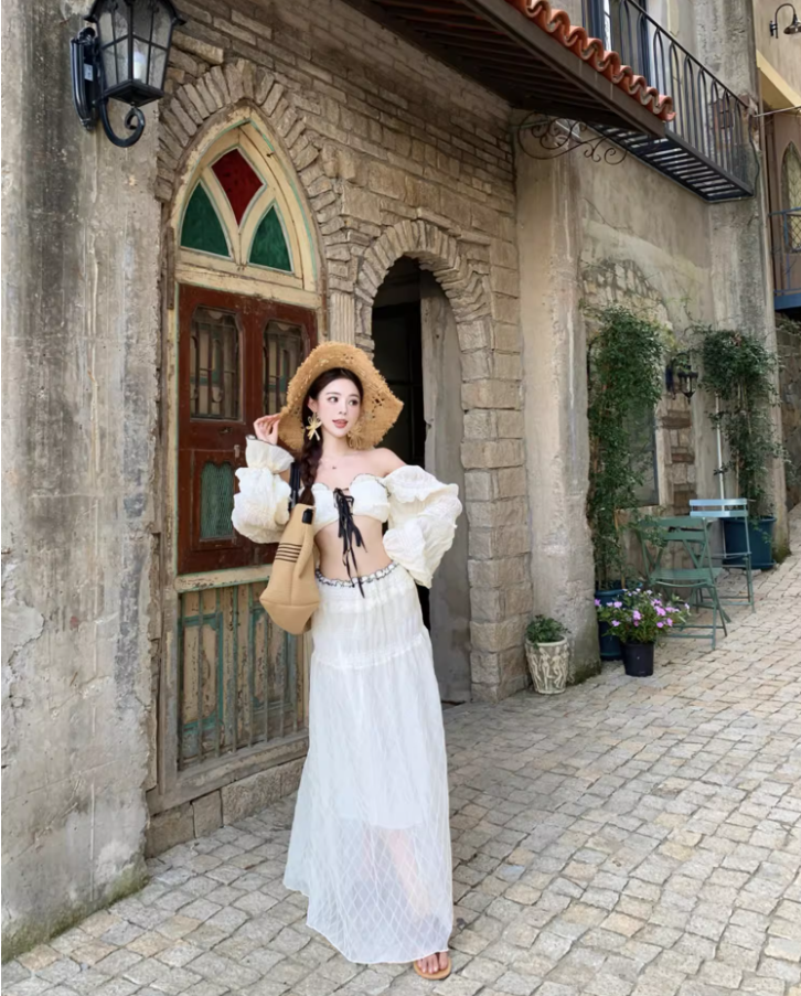 French Style Crop Top Two-Piece Set Maxi Dress Scenic Trips Long Puffy Sleeve Off-Shoulder Long Dress AP1333