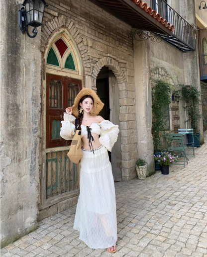 French Style Crop Top Two-Piece Set Maxi Dress Scenic Trips Long Puffy Sleeve Off-Shoulder Long Dress AP1333