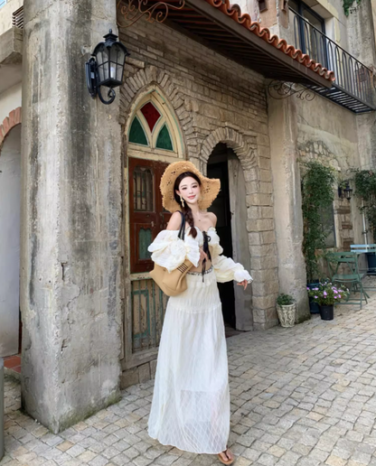 French Style Crop Top Two-Piece Set Maxi Dress Scenic Trips Long Puffy Sleeve Off-Shoulder Long Dress AP1333