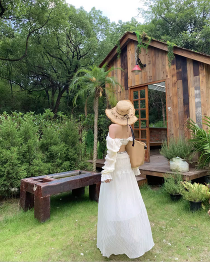 French Style Crop Top Two-Piece Set Maxi Dress Scenic Trips Long Puffy Sleeve Off-Shoulder Long Dress AP1333