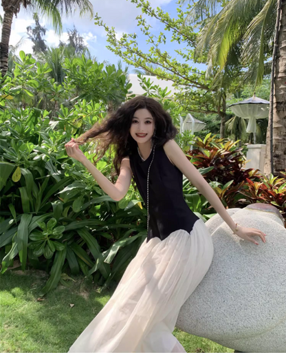 Classical Black & White Splicing Maxi Dress Chic Sleeveless Cascade Tulle Long Dress AP1334