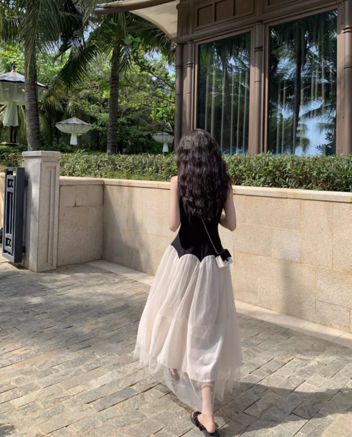 Classical Black & White Splicing Maxi Dress Chic Sleeveless Cascade Tulle Long Dress AP1334