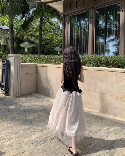 Classical Black & White Splicing Maxi Dress Chic Sleeveless Cascade Tulle Long Dress AP1334