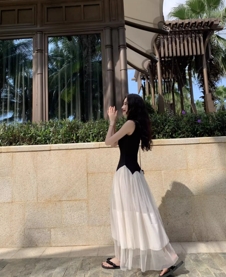 Classical Black & White Splicing Maxi Dress Chic Sleeveless Cascade Tulle Long Dress AP1334