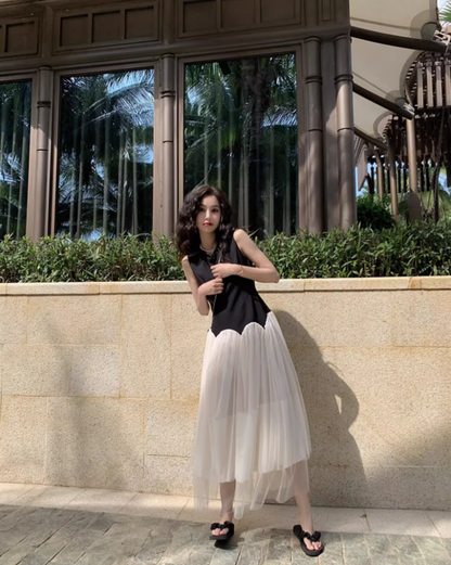 Classical Black & White Splicing Maxi Dress Chic Sleeveless Cascade Tulle Long Dress AP1334