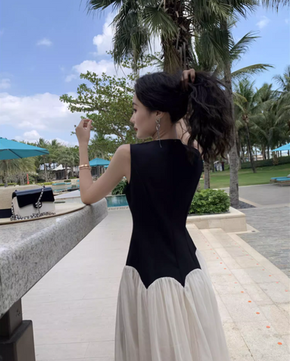 Classical Black & White Splicing Maxi Dress Chic Sleeveless Cascade Tulle Long Dress AP1334