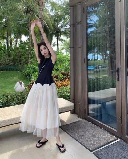 Classical Black & White Splicing Maxi Dress Chic Sleeveless Cascade Tulle Long Dress AP1334