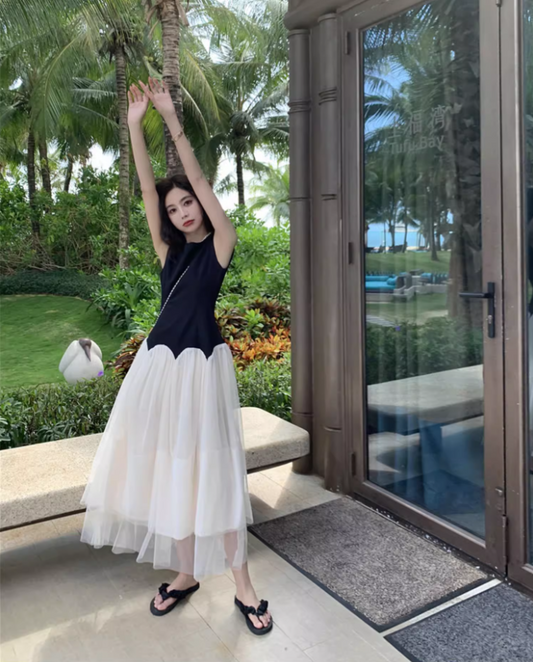 Classical Black & White Splicing Maxi Dress Chic Sleeveless Cascade Tulle Long Dress AP1334