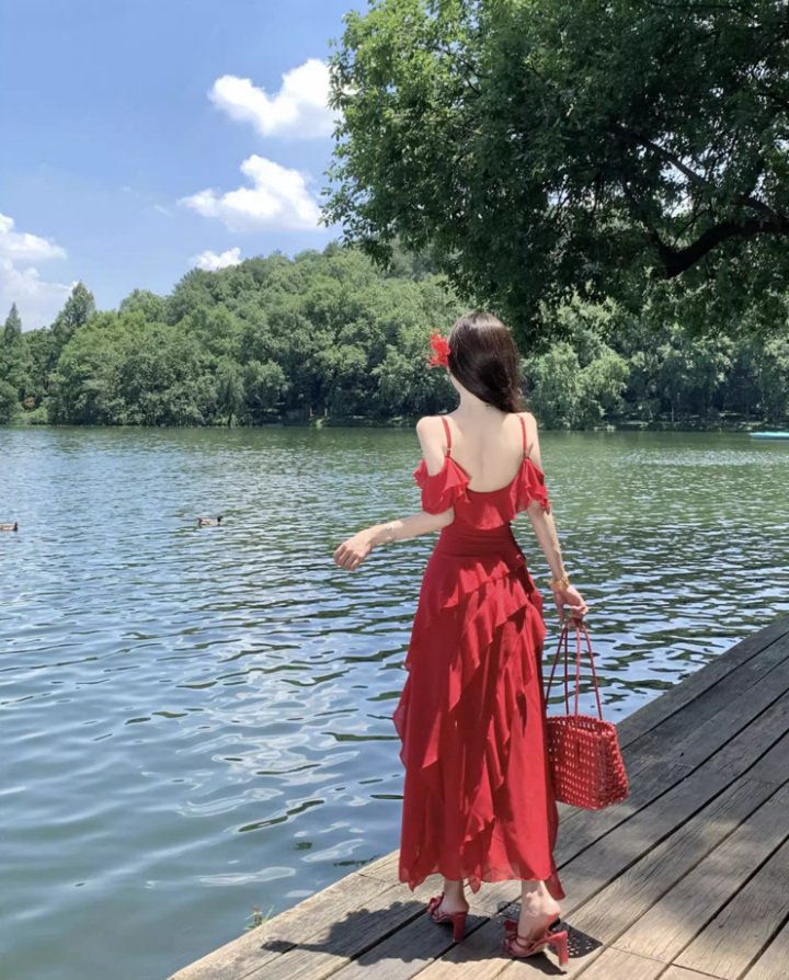 Charming Red Flutter Off-Shoulder Neckline Maxi Dress Chic High-Slit Ruffles Hem Long Dress AP1335