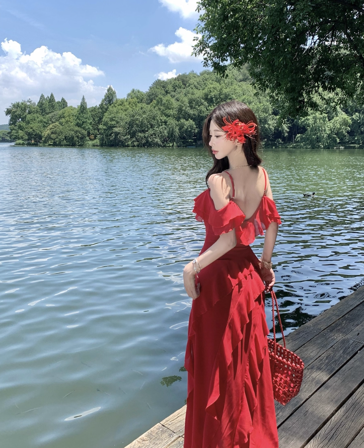 Charming Red Flutter Off-Shoulder Neckline Maxi Dress Chic High-Slit Ruffles Hem Long Dress AP1335