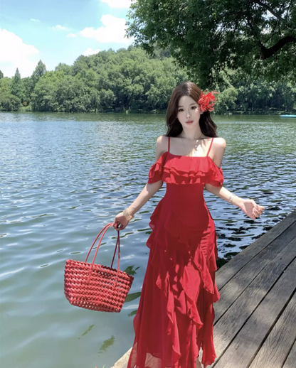 Charming Red Flutter Off-Shoulder Neckline Maxi Dress Chic High-Slit Ruffles Hem Long Dress AP1335