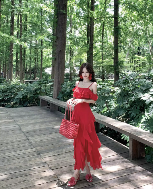 Charming Red Flutter Off-Shoulder Neckline Maxi Dress Chic High-Slit Ruffles Hem Long Dress AP1335