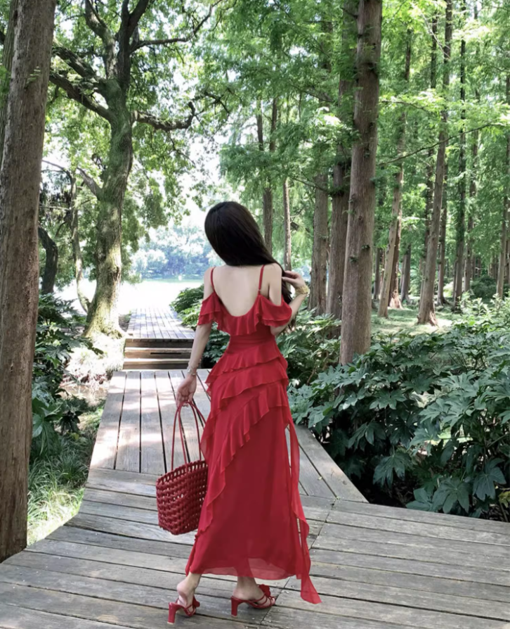 Charming Red Flutter Off-Shoulder Neckline Maxi Dress Chic High-Slit Ruffles Hem Long Dress AP1335
