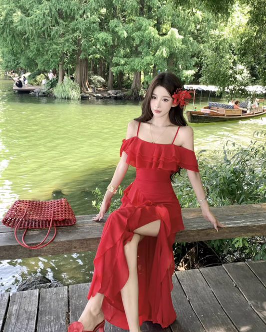 Charming Red Flutter Off-Shoulder Neckline Maxi Dress Chic High-Slit Ruffles Hem Long Dress AP1335