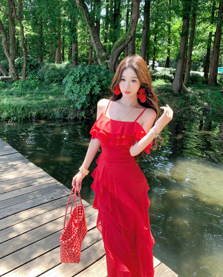 Charming Red Flutter Off-Shoulder Neckline Maxi Dress Chic High-Slit Ruffles Hem Long Dress AP1335
