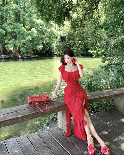 Charming Red Flutter Off-Shoulder Neckline Maxi Dress Chic High-Slit Ruffles Hem Long Dress AP1335