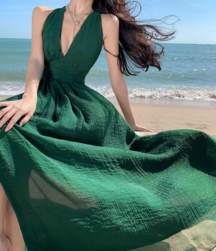 Alluring Deep V-Neck Green Sheen Fabric Maxi Dress Chic High Slit Tulle Layered Halter Long Dress AP1336