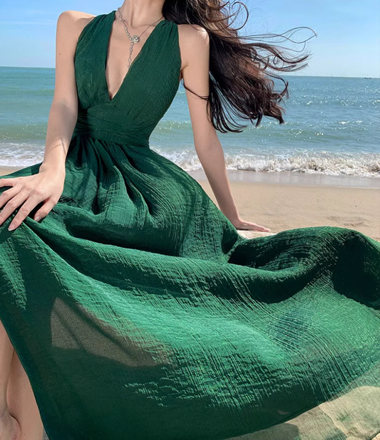 Alluring Deep V-Neck Green Sheen Fabric Maxi Dress Chic High Slit Tulle Layered Halter Long Dress AP1336