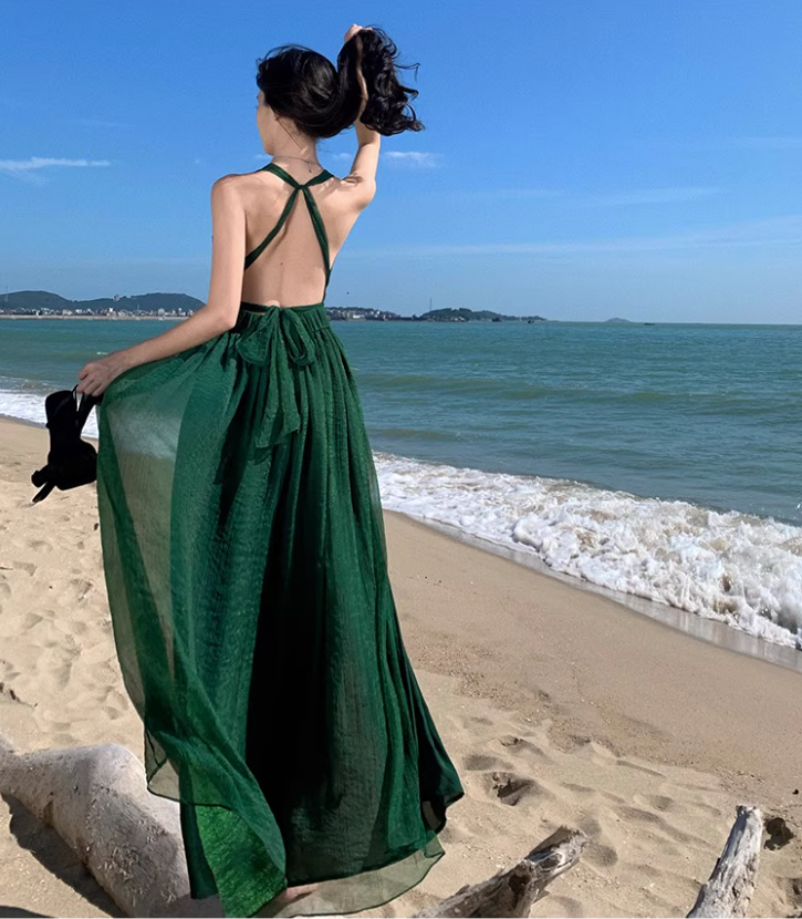 Alluring Deep V-Neck Green Sheen Fabric Maxi Dress Chic High Slit Tulle Layered Halter Long Dress AP1336