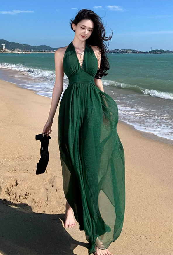 Alluring Deep V-Neck Green Sheen Fabric Maxi Dress Chic High Slit Tulle Layered Halter Long Dress AP1336