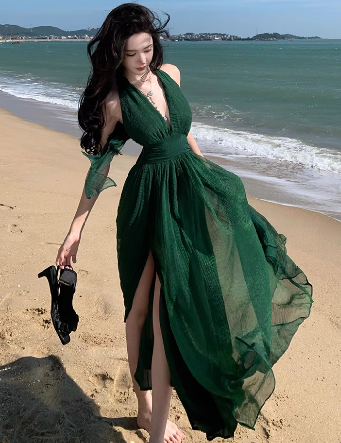 Alluring Deep V-Neck Green Sheen Fabric Maxi Dress Chic High Slit Tulle Layered Halter Long Dress AP1336