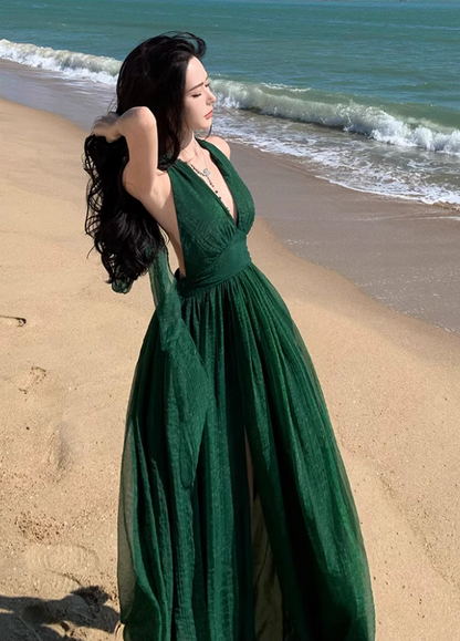 Alluring Deep V-Neck Green Sheen Fabric Maxi Dress Chic High Slit Tulle Layered Halter Long Dress AP1336