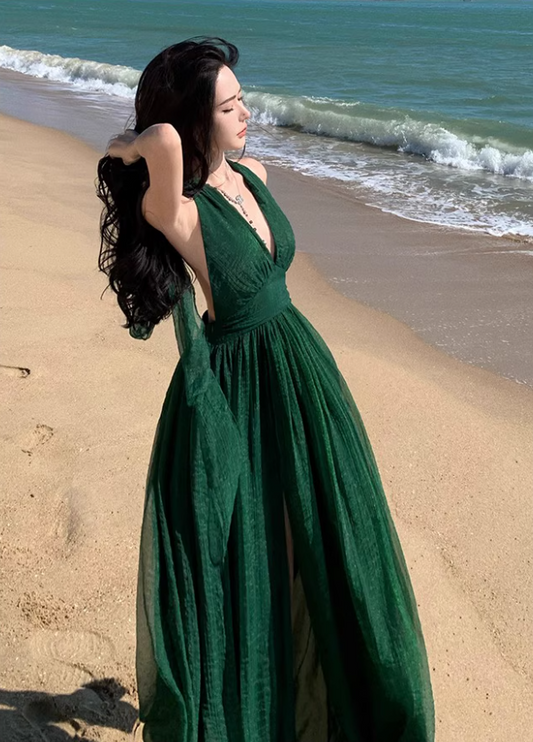 Alluring Deep V-Neck Green Sheen Fabric Maxi Dress Chic High Slit Tulle Layered Halter Long Dress AP1336