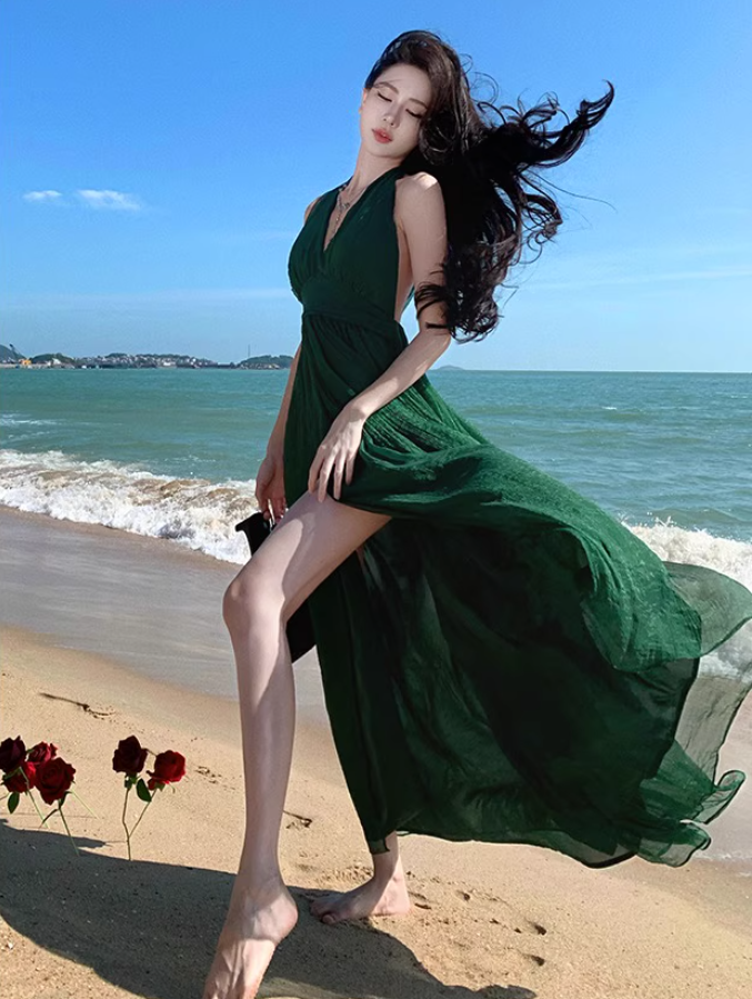 Alluring Deep V-Neck Green Sheen Fabric Maxi Dress Chic High Slit Tulle Layered Halter Long Dress AP1336