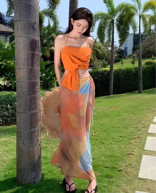 Dopamine Two-Piece Set Crop Top Sheath Maxi Dress Niche Artistic Tie-Dye Halter Long Dress AP1337