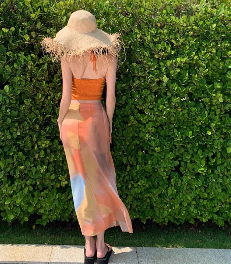 Dopamine Two-Piece Set Crop Top Sheath Maxi Dress Niche Artistic Tie-Dye Halter Long Dress AP1337