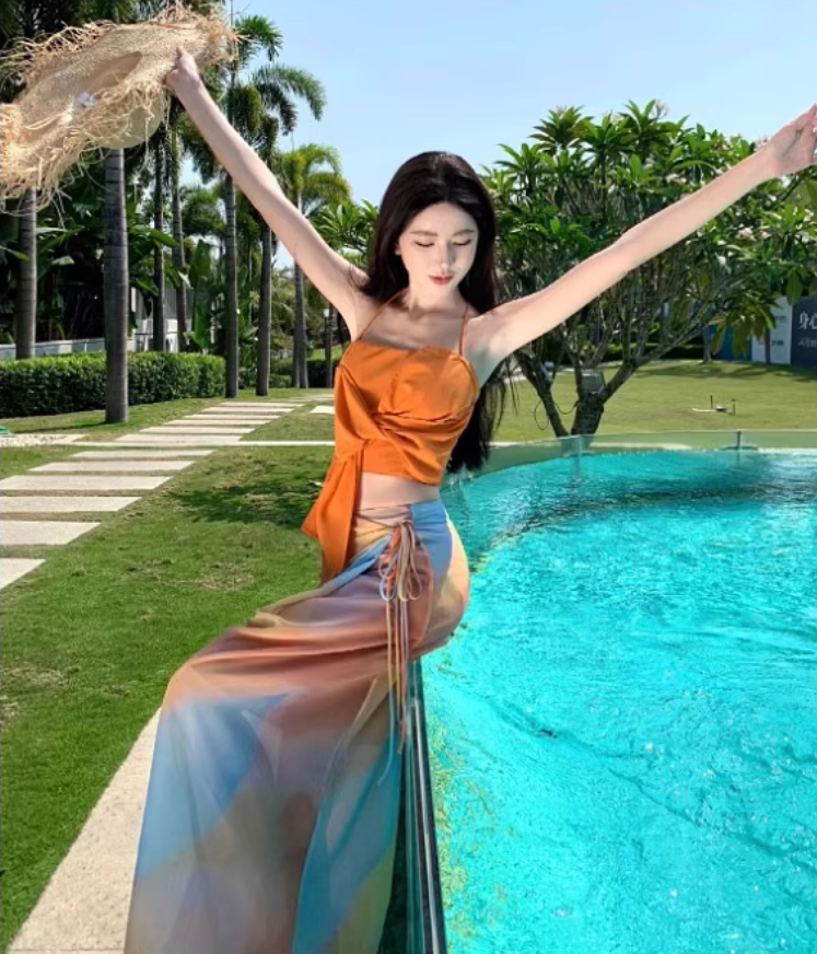 Dopamine Two-Piece Set Crop Top Sheath Maxi Dress Niche Artistic Tie-Dye Halter Long Dress AP1337