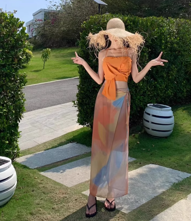 Dopamine Two-Piece Set Crop Top Sheath Maxi Dress Niche Artistic Tie-Dye Halter Long Dress AP1337