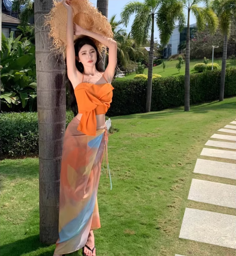 Dopamine Two-Piece Set Crop Top Sheath Maxi Dress Niche Artistic Tie-Dye Halter Long Dress AP1337