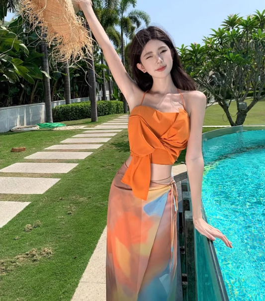 Dopamine Two-Piece Set Crop Top Sheath Maxi Dress Niche Artistic Tie-Dye Halter Long Dress AP1337